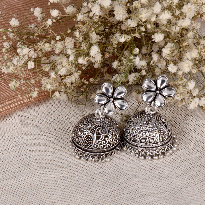 Teejh Floret Polki Silver Oxidized Pearl Jhumki Earrings