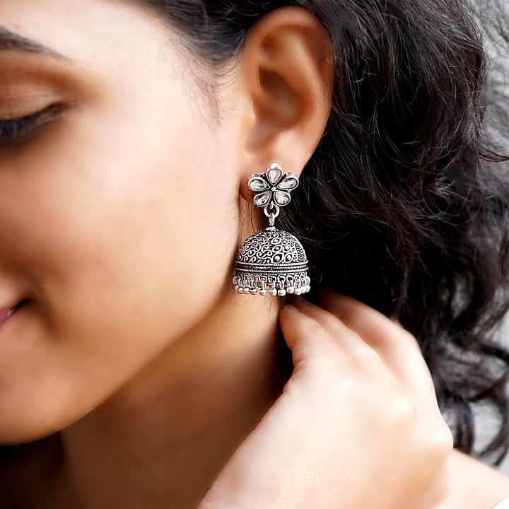 Teejh Floret Polki Silver Oxidized Pearl Jhumki Earrings