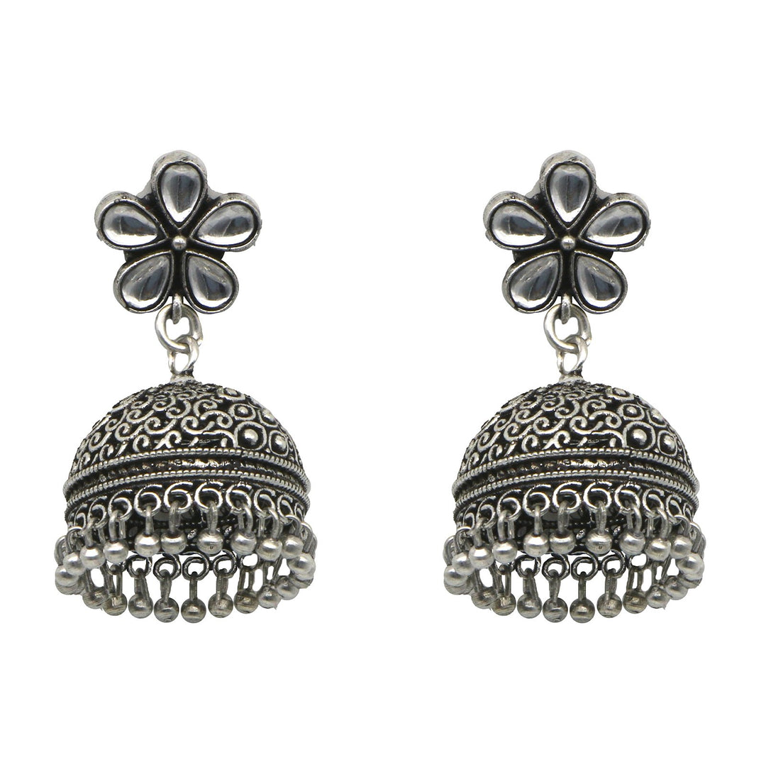 Teejh Floret Polki Silver Oxidized Pearl Jhumki Earrings