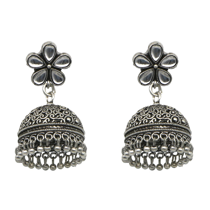 Teejh Floret Polki Silver Oxidized Pearl Jhumki Earrings