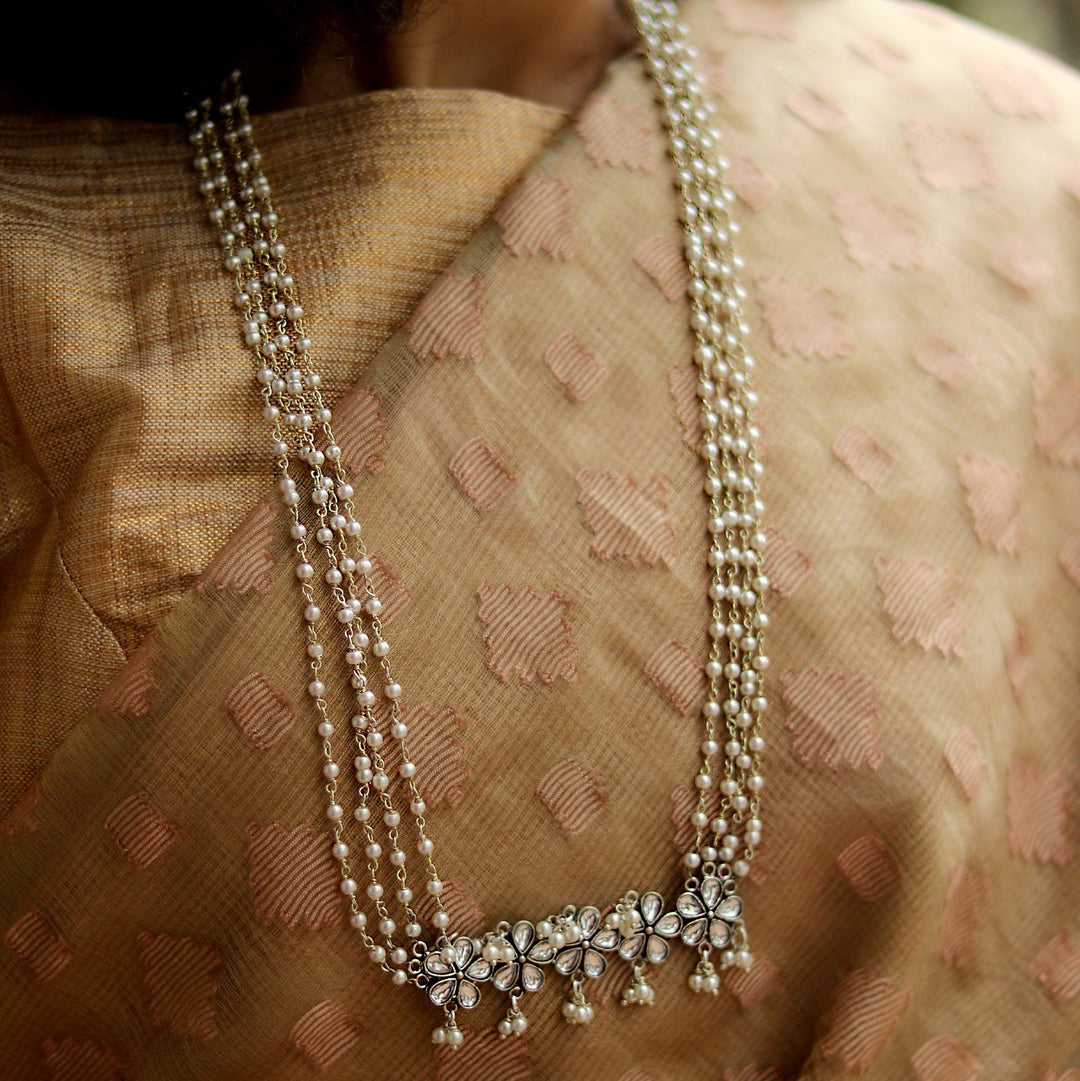 Teejh Blush Polki Silver Oxidized Pearl Long Necklace