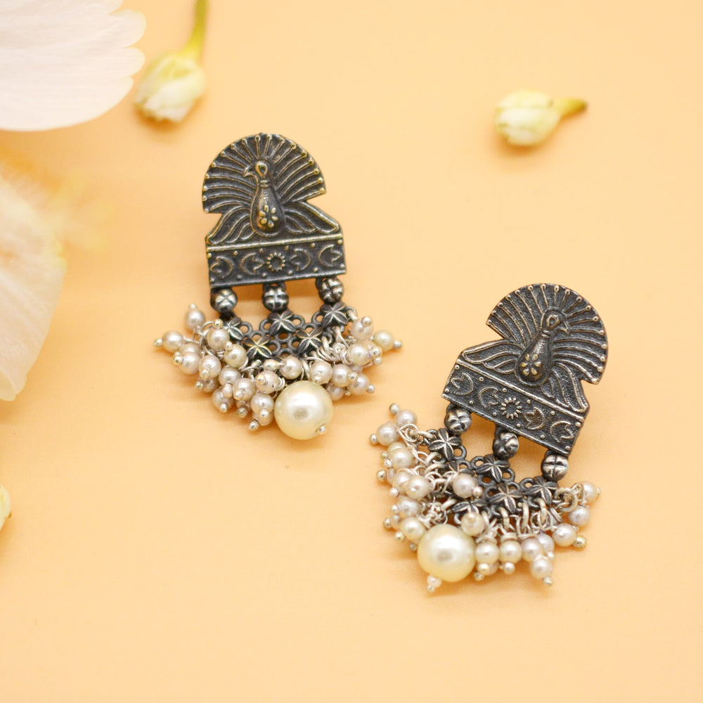 Antique Silver Peacock Pearl Earrings - Joker & Witch