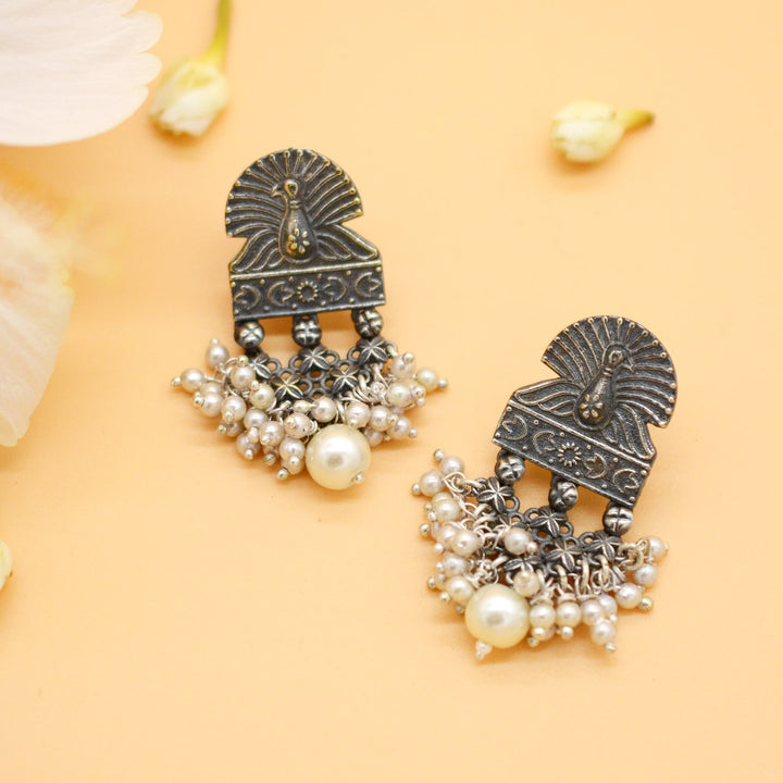Antique Silver Peacock Pearl Earrings - Joker & Witch