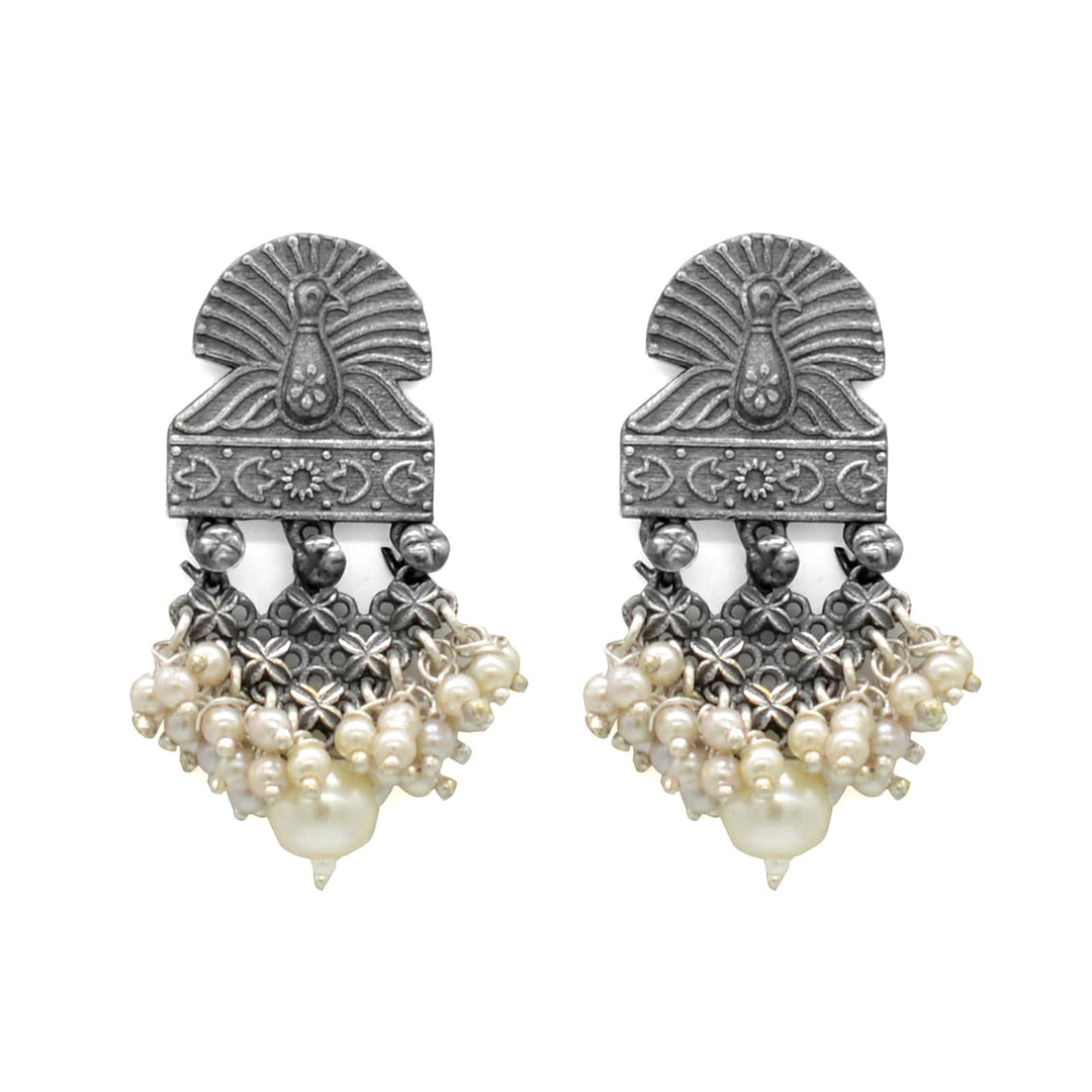 Antique Silver Peacock Pearl Earrings - Joker & Witch