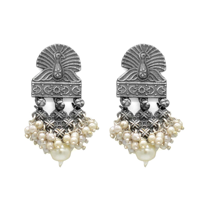 Antique Silver Peacock Pearl Earrings - Joker & Witch