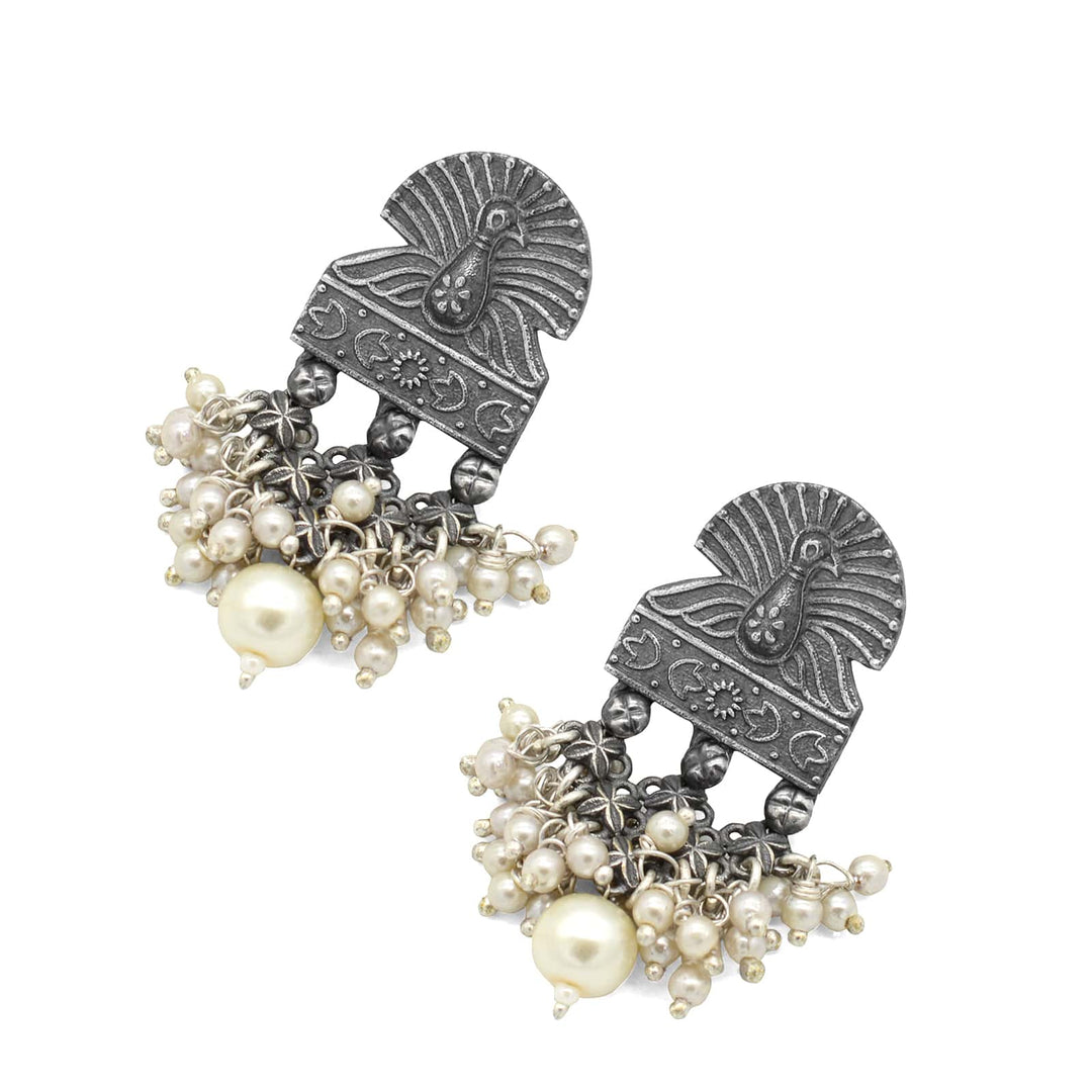Antique Silver Peacock Pearl Earrings - Joker & Witch