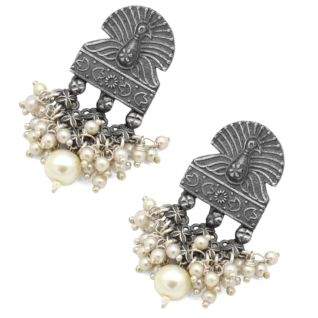 Antique Silver Peacock Pearl Earrings - Joker & Witch