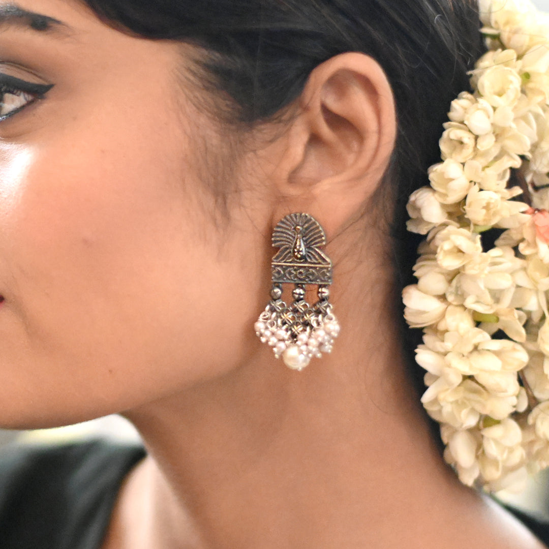 Antique Silver Peacock Pearl Earrings - Joker & Witch