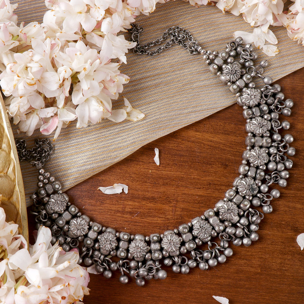 Jiya Floral Silver Oxidised Ghungroo Choker Necklace