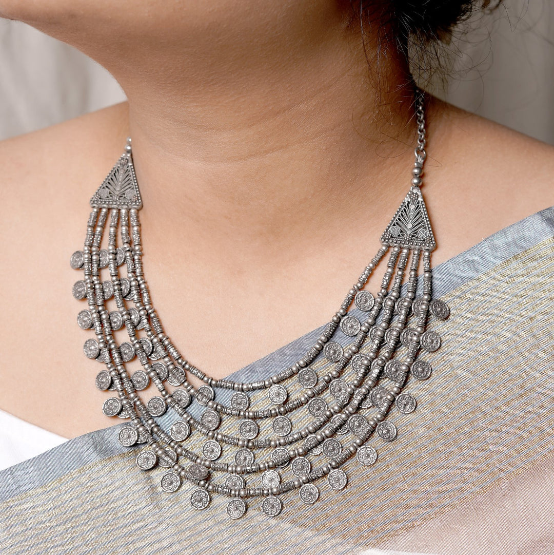Ksheya Layered Silver Oxidised Necklace