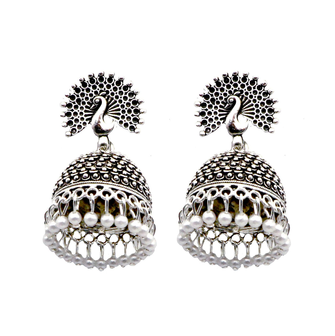 Teejh Kalapi White Silver Oxidized Pearl Jhumki