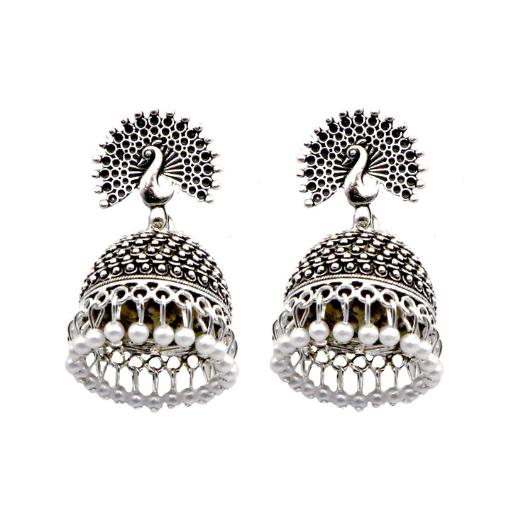 Teejh Kalapi White Silver Oxidized Pearl Jhumki