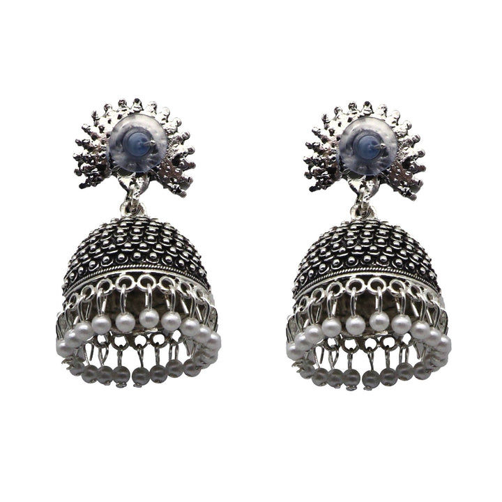 Teejh Kalapi White Silver Oxidized Pearl Jhumki