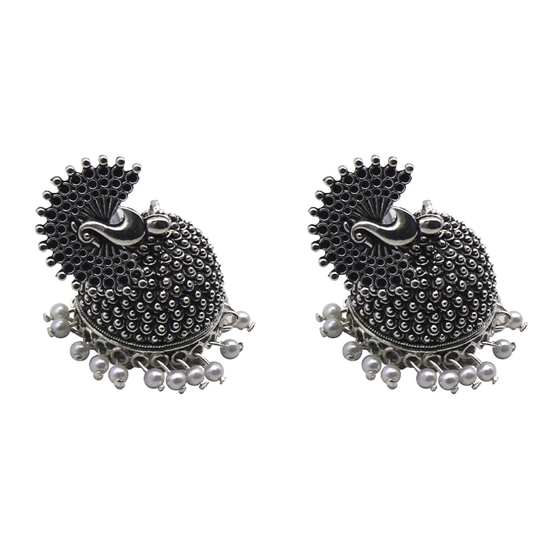 Teejh Kalapi White Silver Oxidized Pearl Jhumki