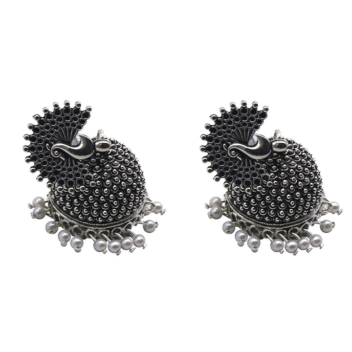 Teejh Kalapi White Silver Oxidized Pearl Jhumki