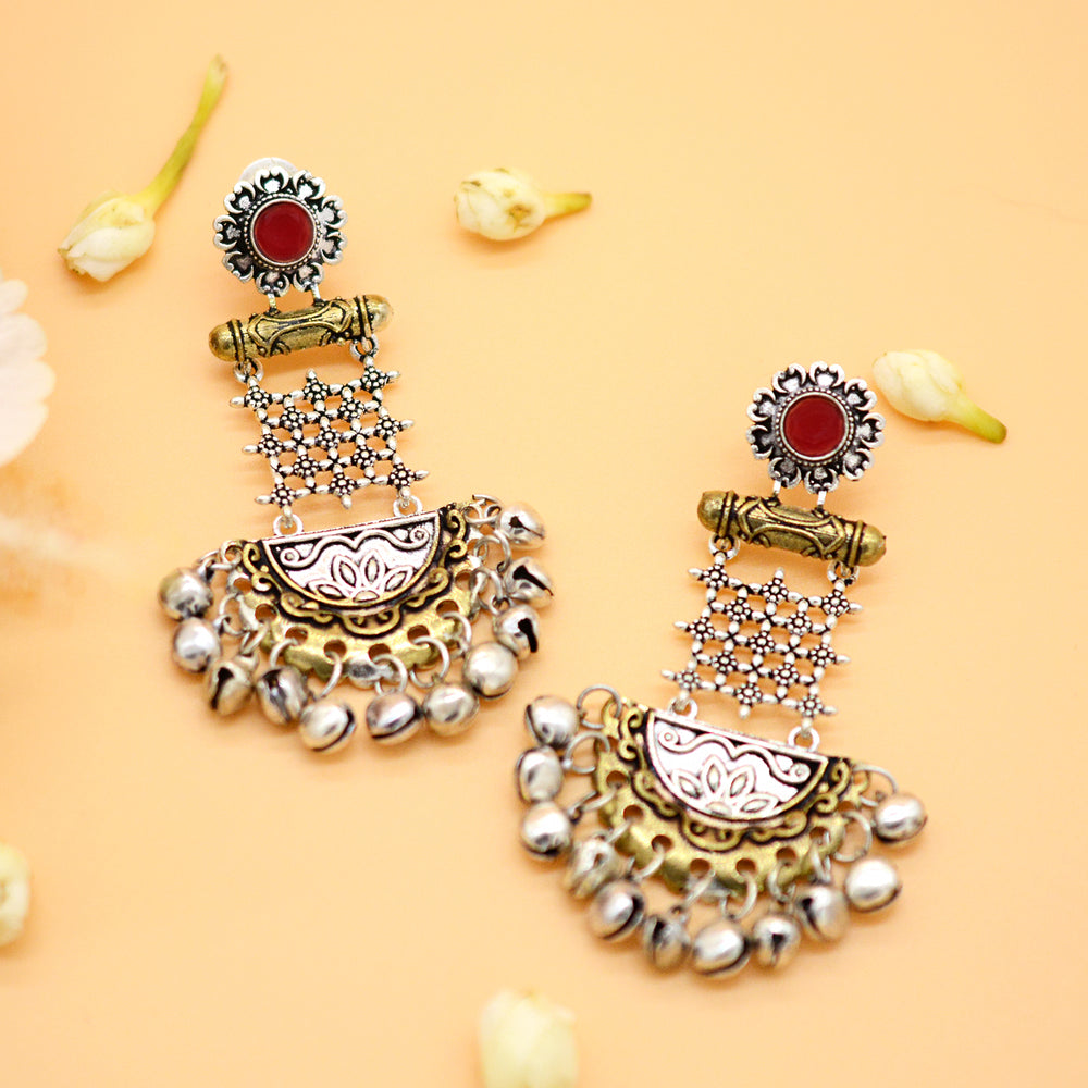 Geometric Red Dual Tone Earrings - Joker & Witch