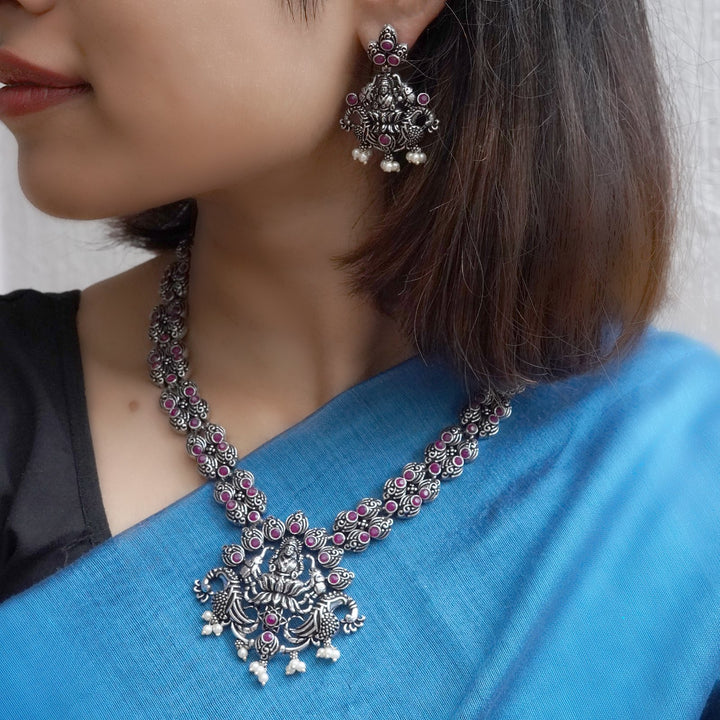 Teejh Saanvi Red Stone Temple Work Necklace Set