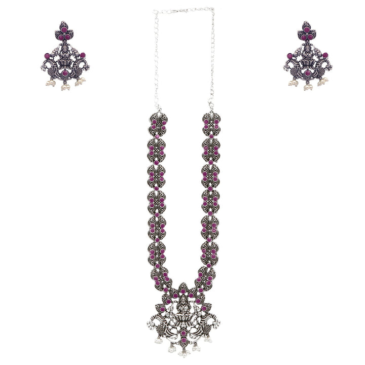 Teejh Saanvi Red Stone Temple Work Necklace Set
