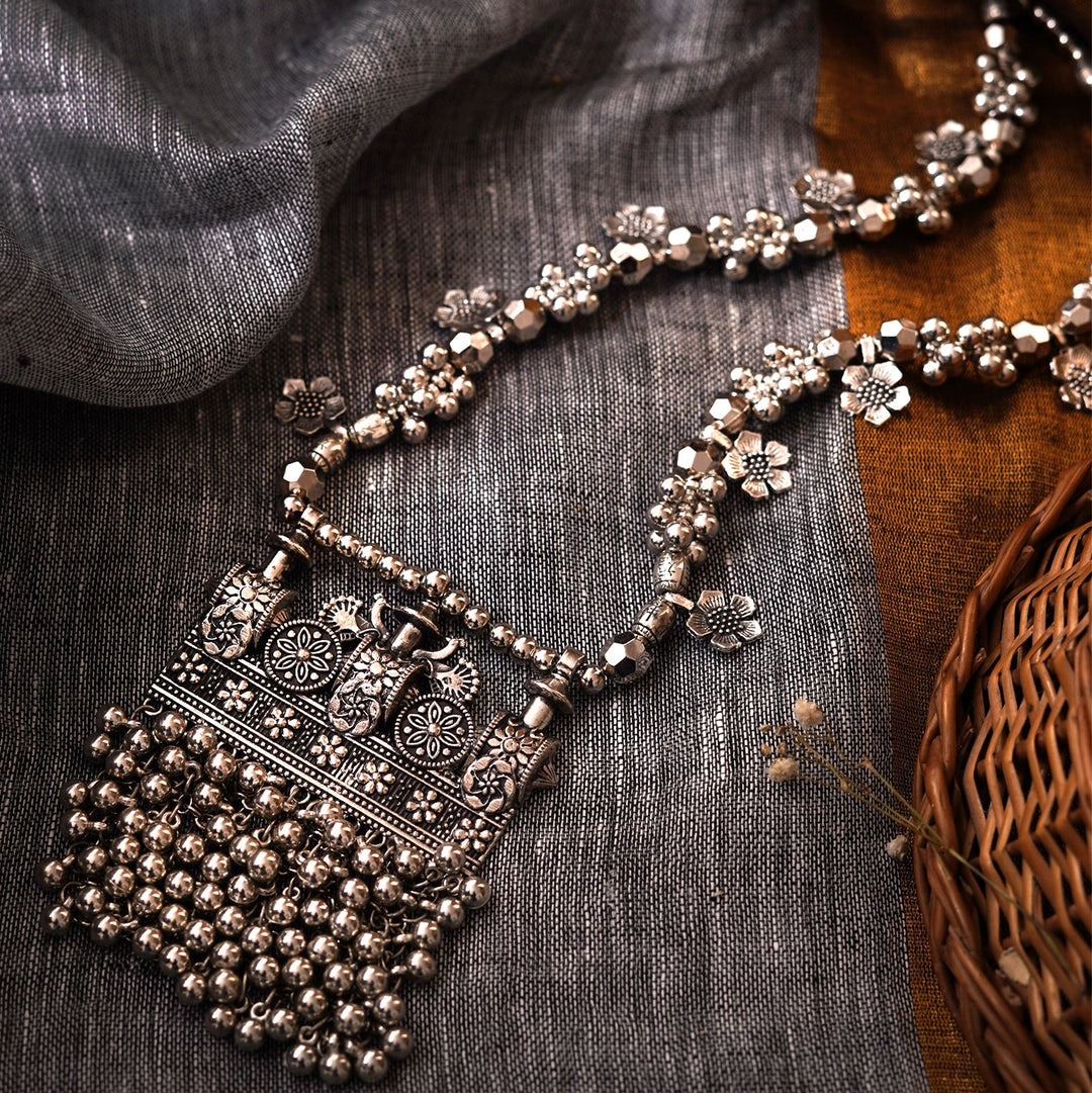Teejh Nihan Ethnic Silver Oxidised ghungroo Long necklace