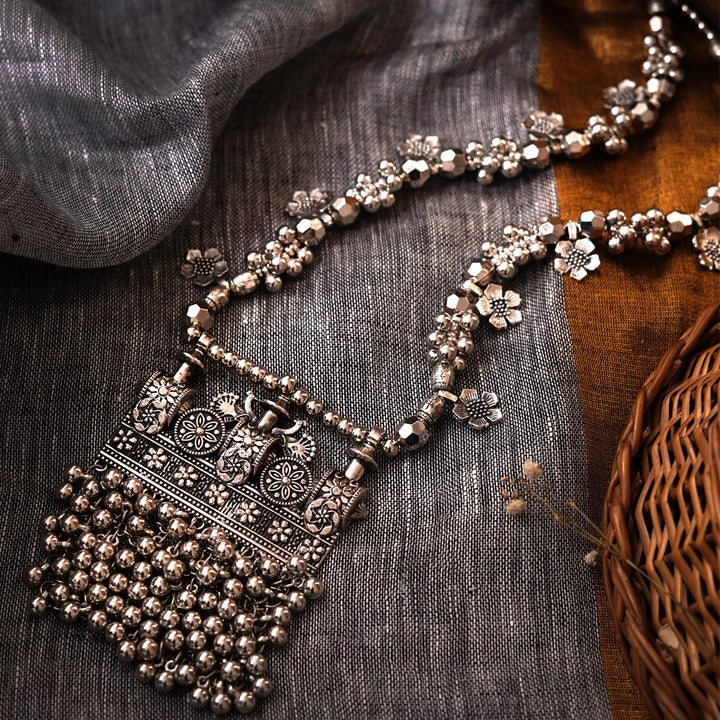 Teejh Nihan Ethnic Silver Oxidised ghungroo Long necklace