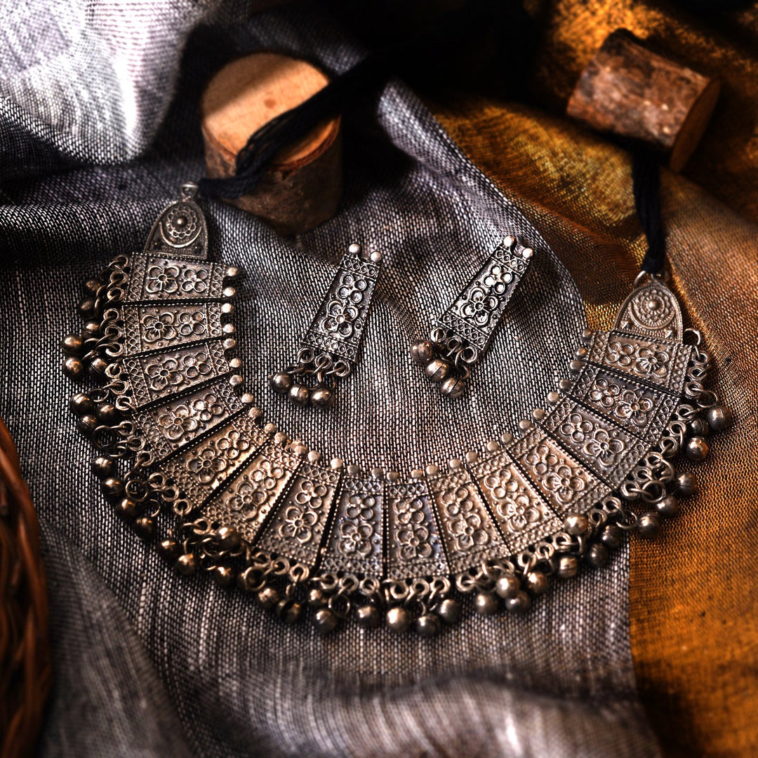 Teejh Mihira Ethnic Silver Oxidised Choker Necklace Set