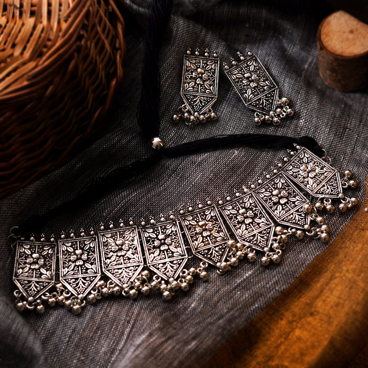 Teejh Dyuti Antique Silver Polish Choker Necklace Set