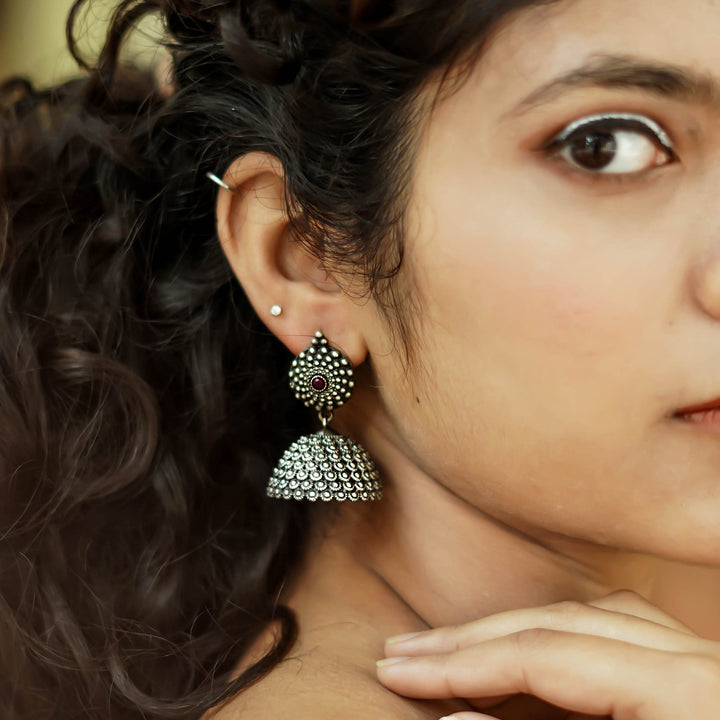 Teejh Dharvi Red Stone Antique Silver Jhumki