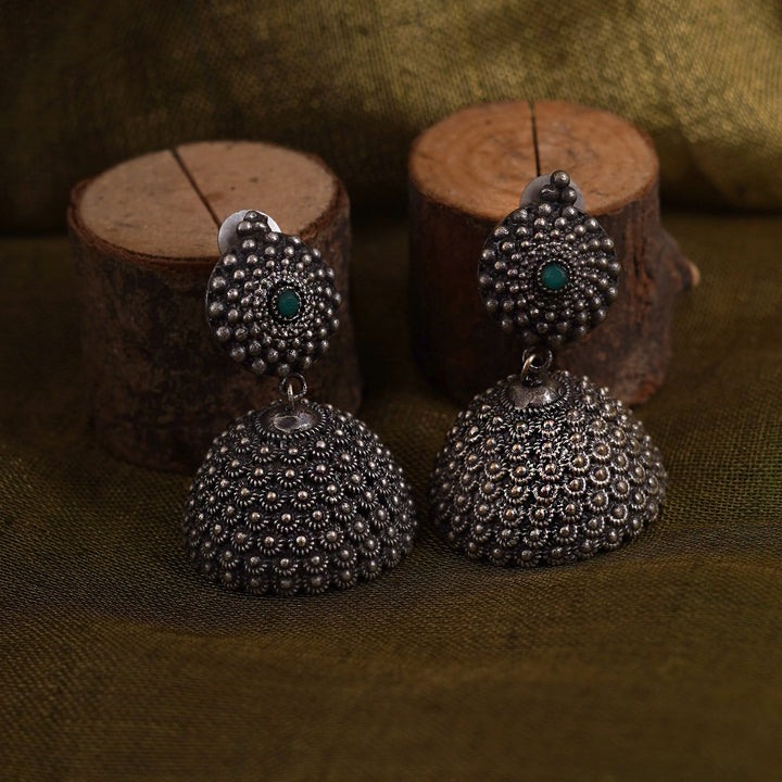 Teejh Dharvi Green Stone Antique Silver Jhumki