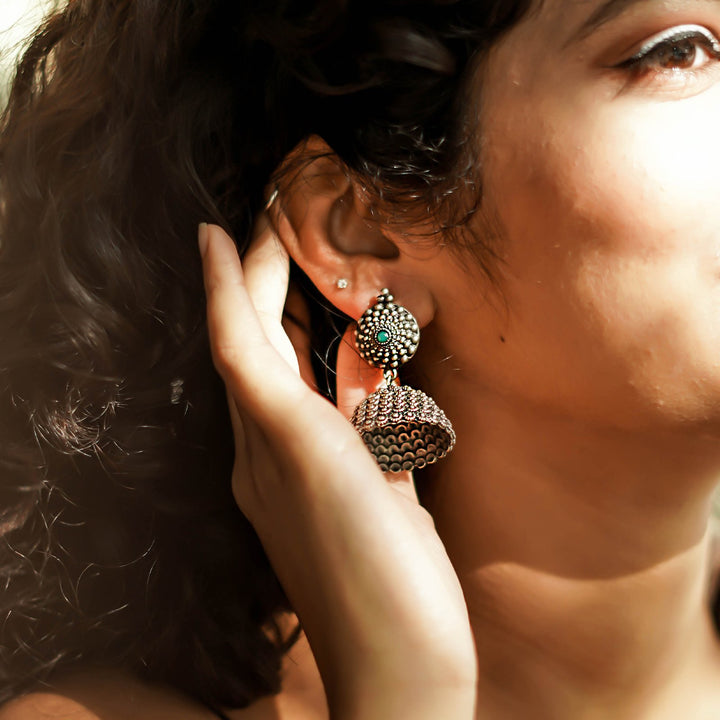 Teejh Dharvi Green Stone Antique Silver Jhumki