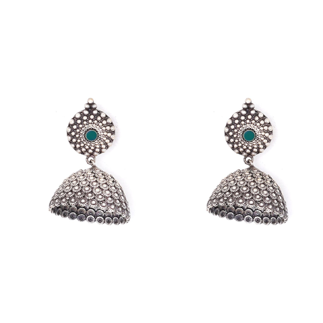 Teejh Dharvi Green Stone Antique Silver Jhumki