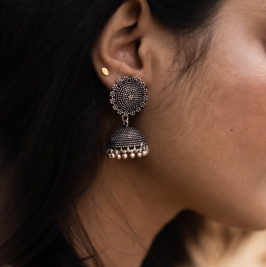 Teejh Rigvedita Floral Ethnic Silver Oxidised Jhumki