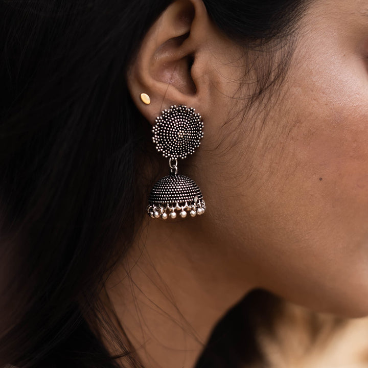 Teejh Rigvedita Floral Ethnic Silver Oxidised Jhumki