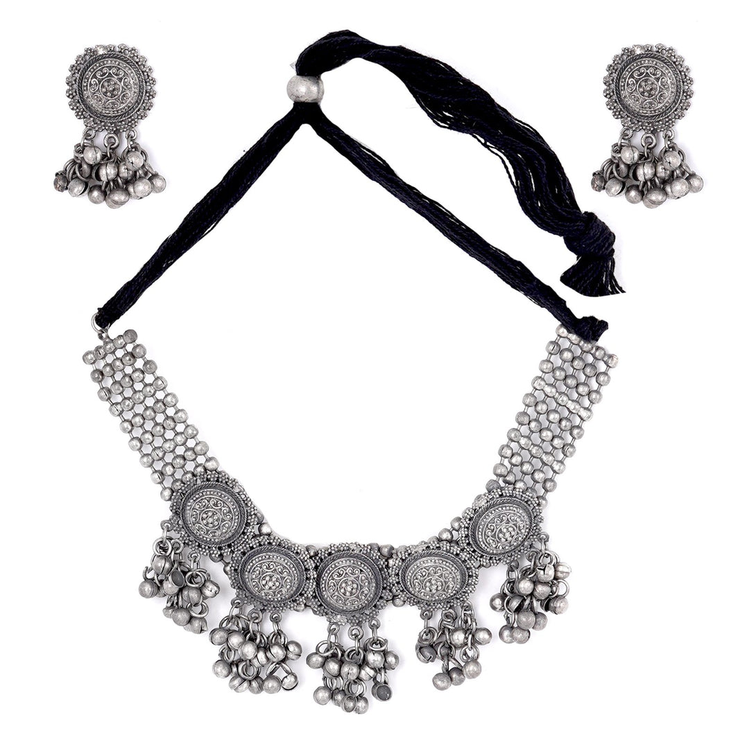 Teejh Kiva Ethnic Silver Oxidised Ghungroo Necklace Set