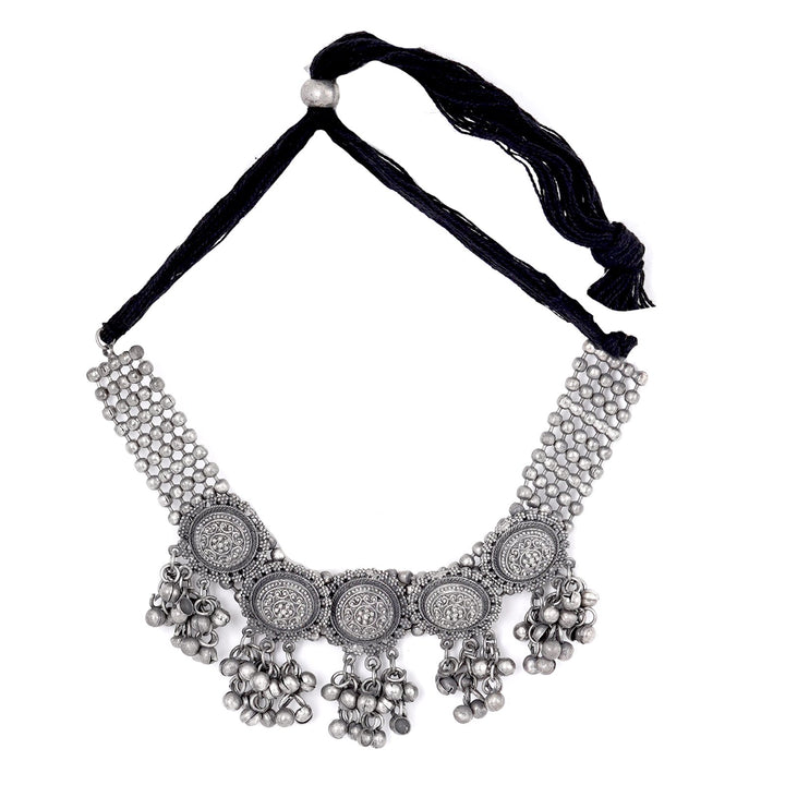 Teejh Kiva Ethnic Silver Oxidised Ghungroo Necklace Set