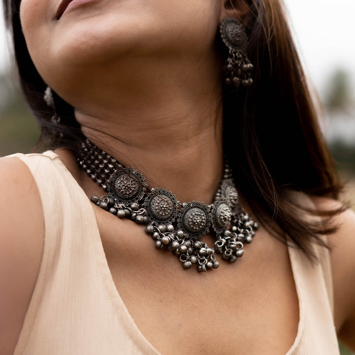 Teejh Kiva Ethnic Silver Oxidised Ghungroo Necklace Set