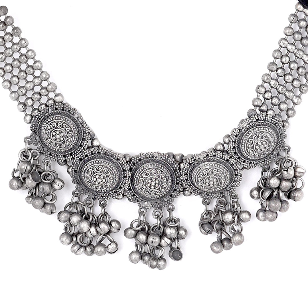 Teejh Kiva Ethnic Silver Oxidised Ghungroo Necklace Set