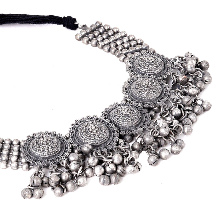 Teejh Kiva Ethnic Silver Oxidised Ghungroo Necklace Set