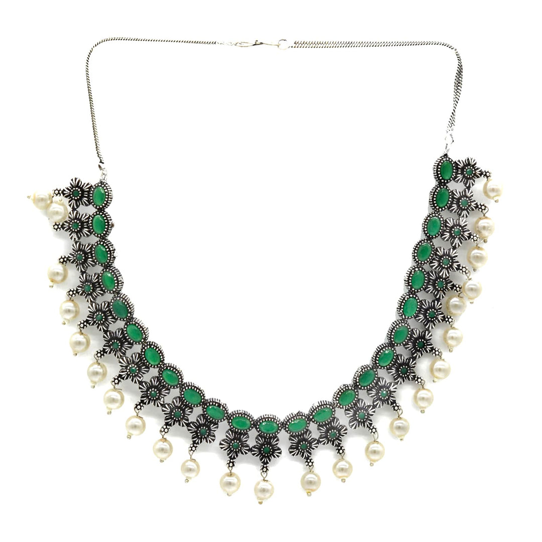 Ekladh Green Stone Silver Pearl Necklace Set - Joker & Witch