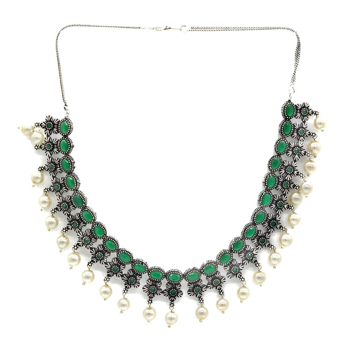 Ekladh Green Stone Silver Pearl Necklace Set - Joker & Witch