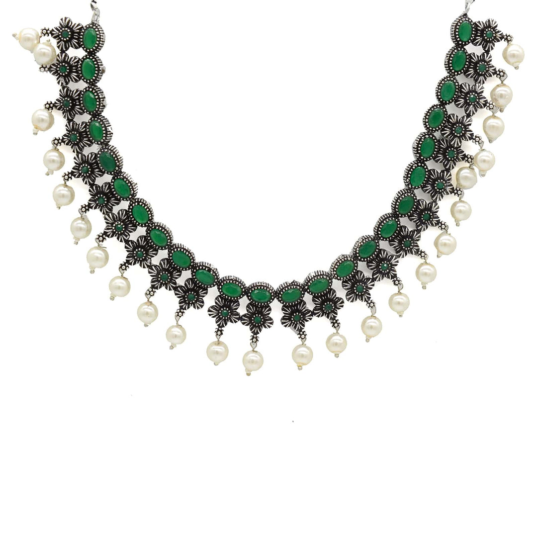 Ekladh Green Stone Silver Pearl Necklace Set - Joker & Witch