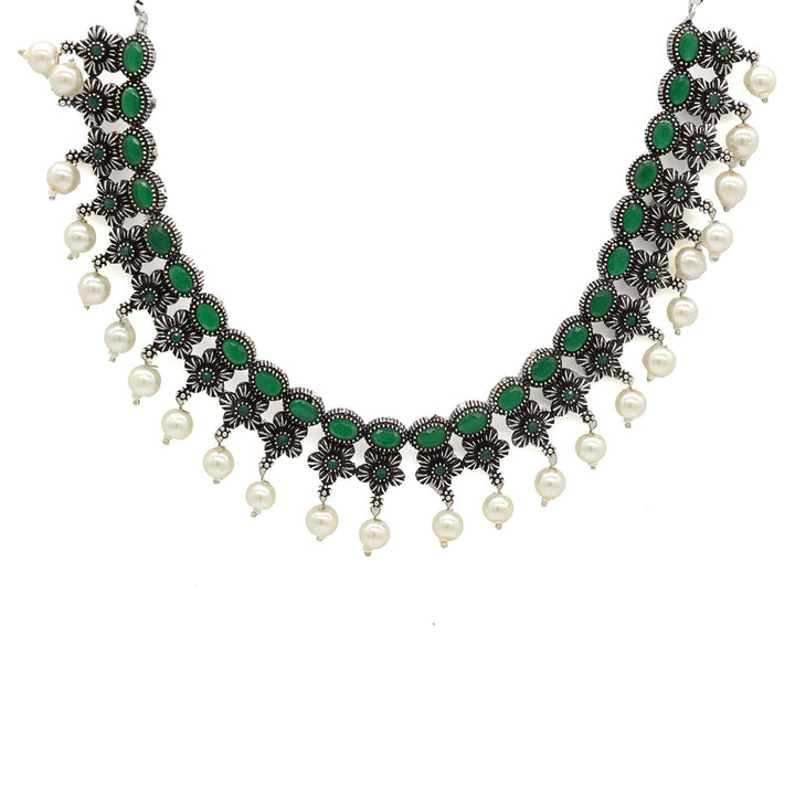 Ekladh Green Stone Silver Pearl Necklace Set - Joker & Witch