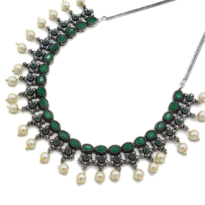 Ekladh Green Stone Silver Pearl Necklace Set - Joker & Witch