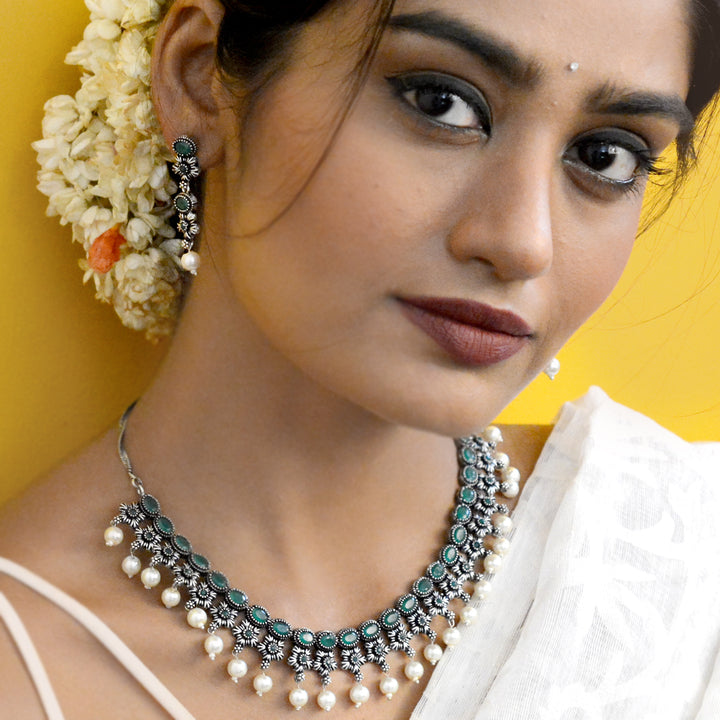 Ekladh Green Stone Silver Pearl Necklace Set - Joker & Witch