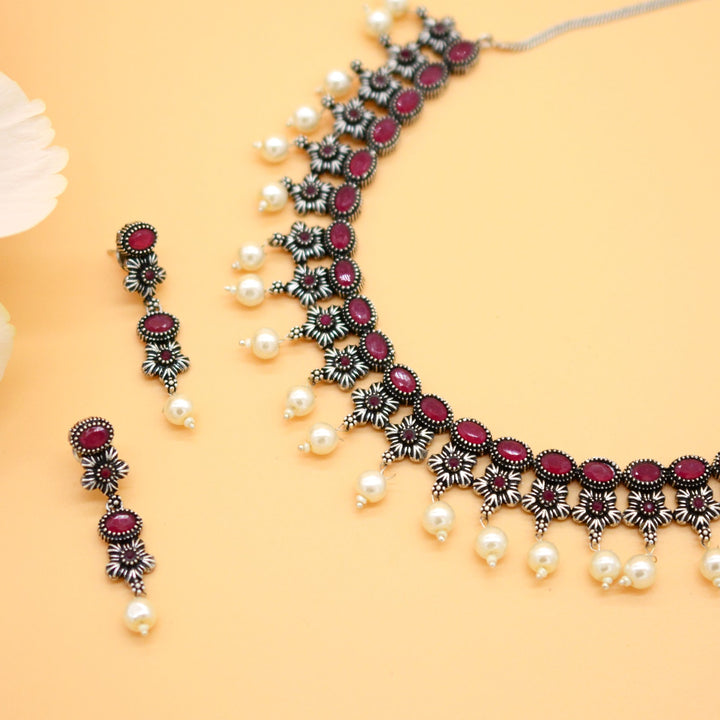 Ekladh Red Stone Silver Pearl Necklace Set - Joker & Witch