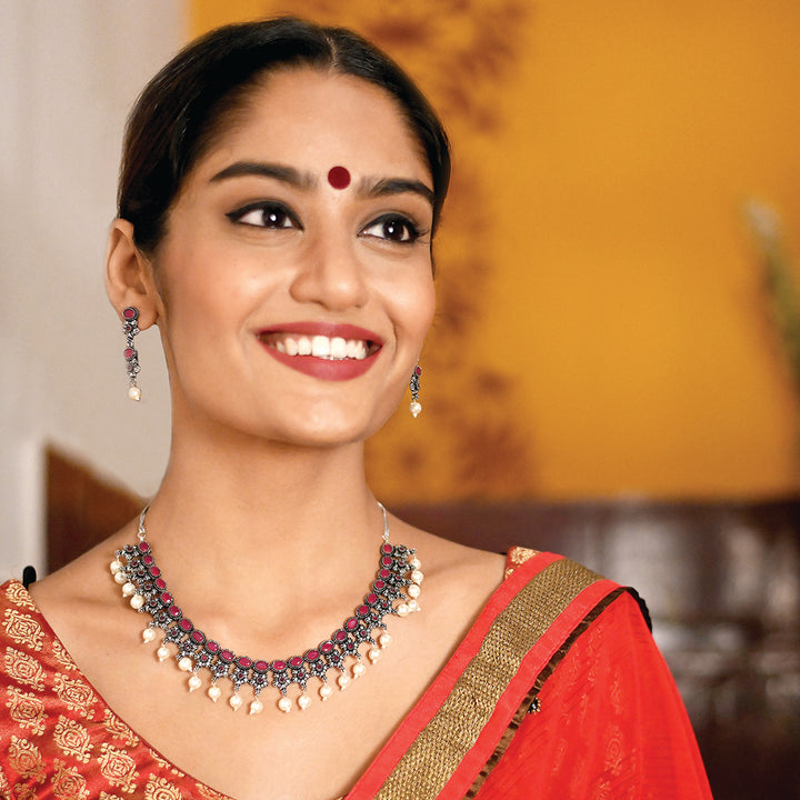 Ekladh Red Stone Silver Pearl Necklace Set - Joker & Witch