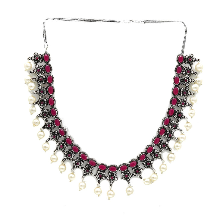 Ekladh Red Stone Silver Pearl Necklace Set - Joker & Witch