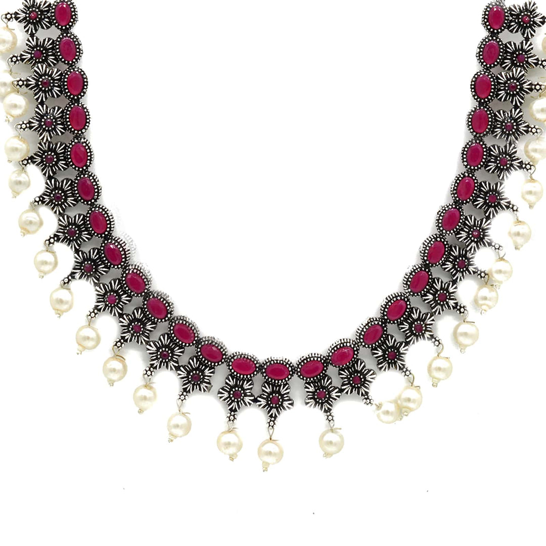 Ekladh Red Stone Silver Pearl Necklace Set - Joker & Witch
