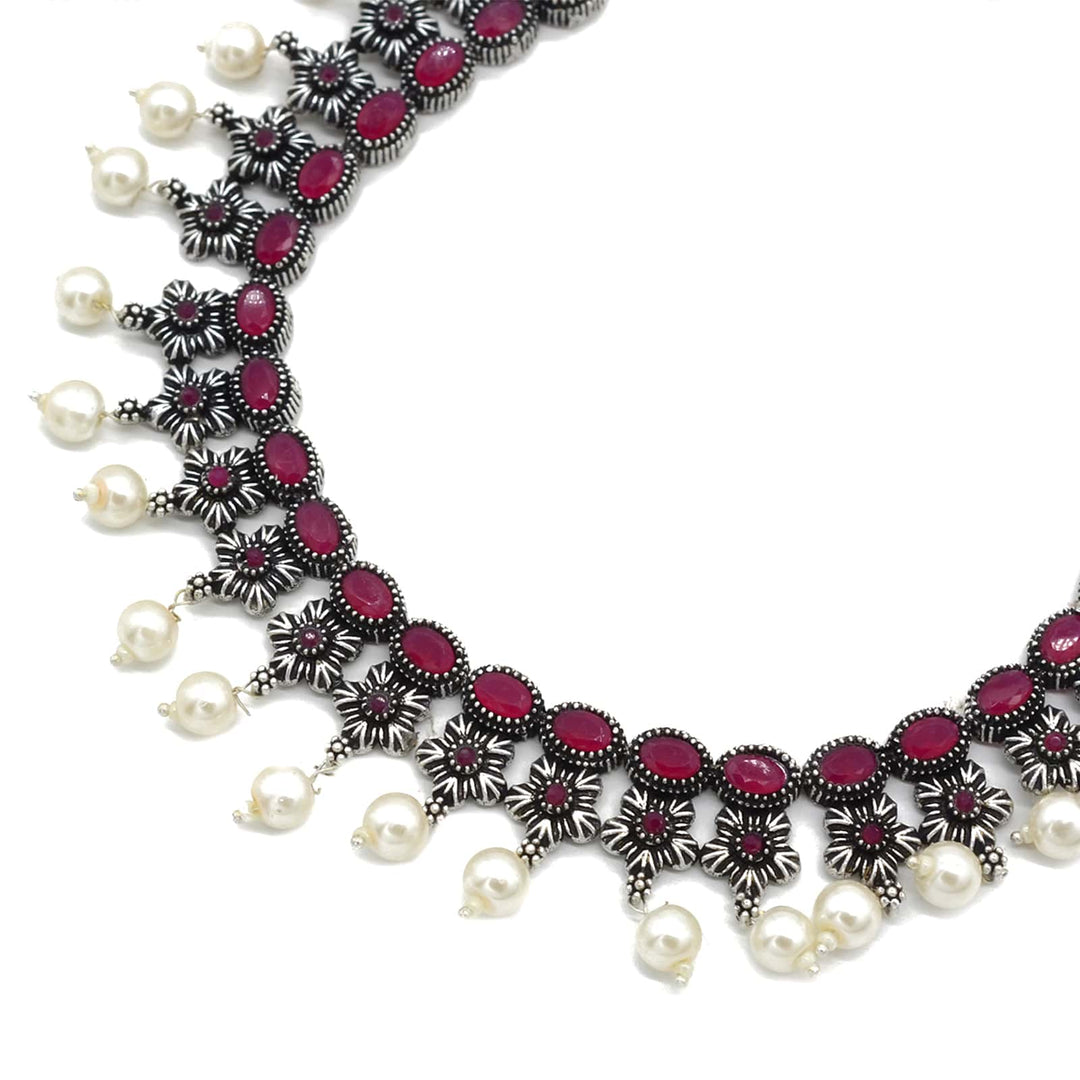 Ekladh Red Stone Silver Pearl Necklace Set - Joker & Witch