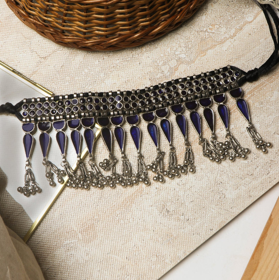 Teejh Inaya Blue Silver Oxidised Choker Necklace