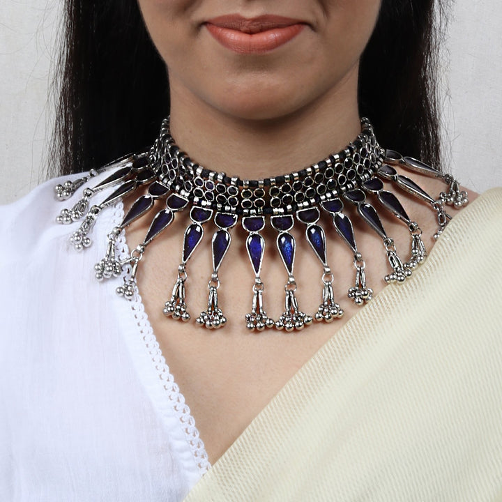 Teejh Inaya Blue Silver Oxidised Choker Necklace